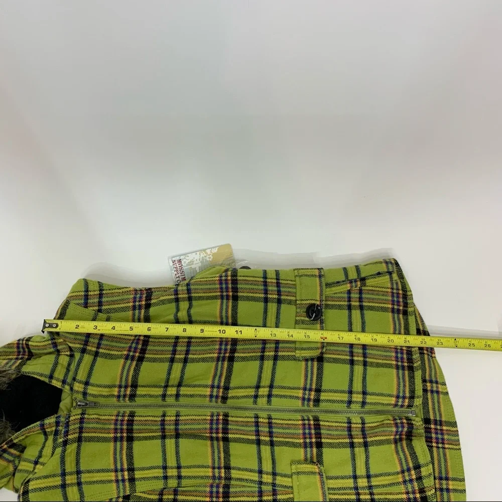 Mossimo Supply Co Retro Lime Green Blue Multi Plaid Full Zip Vest Faux Fur Hood - Picture 14 of 15